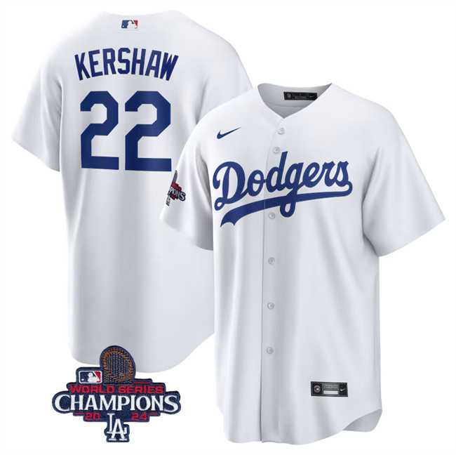 Mens Los Angeles Dodgers #22 Clayton Kershaw White 2024 World Series Champions Cool Base Stitched Baseball Jersey